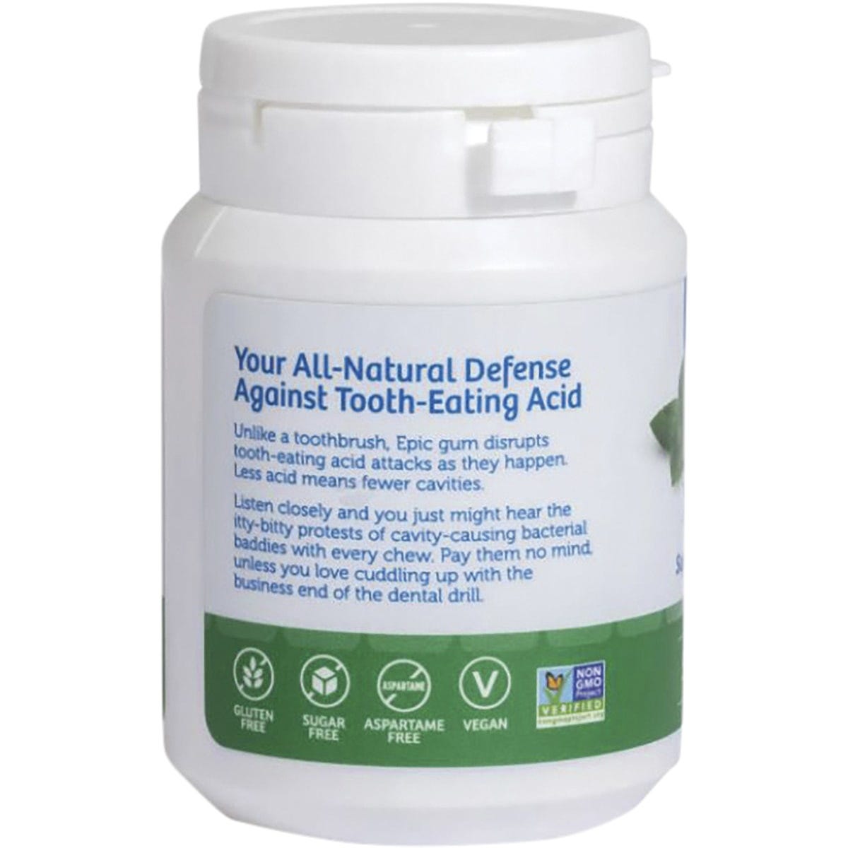 White 50-count bottle of Epic Spearmint Xylitol Chewing Gum with green accents on a white background.