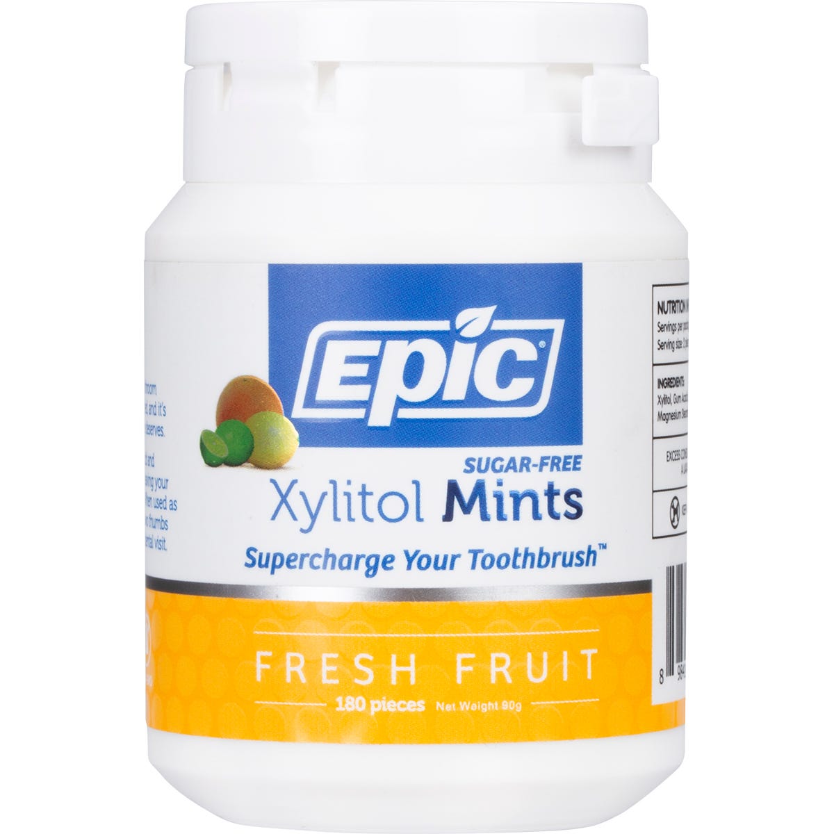 Bottle of 180 Epic Xylitol Dental Mints in Fresh Fruits flavor, featuring a white container with a green and orange label.