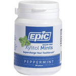 180-count bottle of Epic Peppermint Xylitol Dental Mints for fresh breath and oral health on a white background.