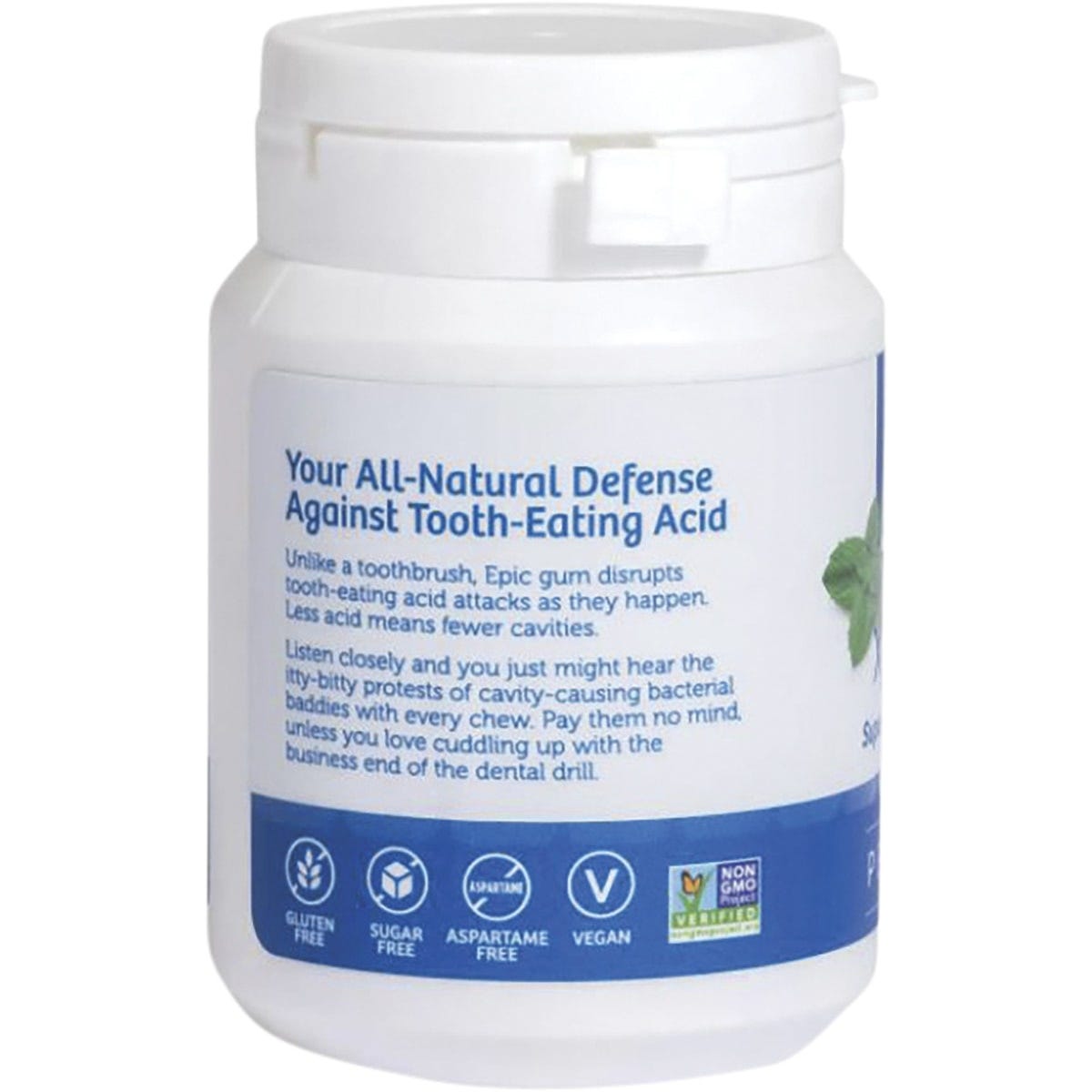 Back of a bottle of Epic Peppermint Xylitol Dental Mints showing nutrition facts and ingredients on a white background.