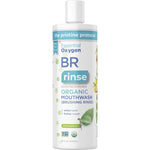 473ml bottle of Essential Oxygen BR Peppermint Brushing Rinse, a fluoride-free organic mouthwash and toothpaste.