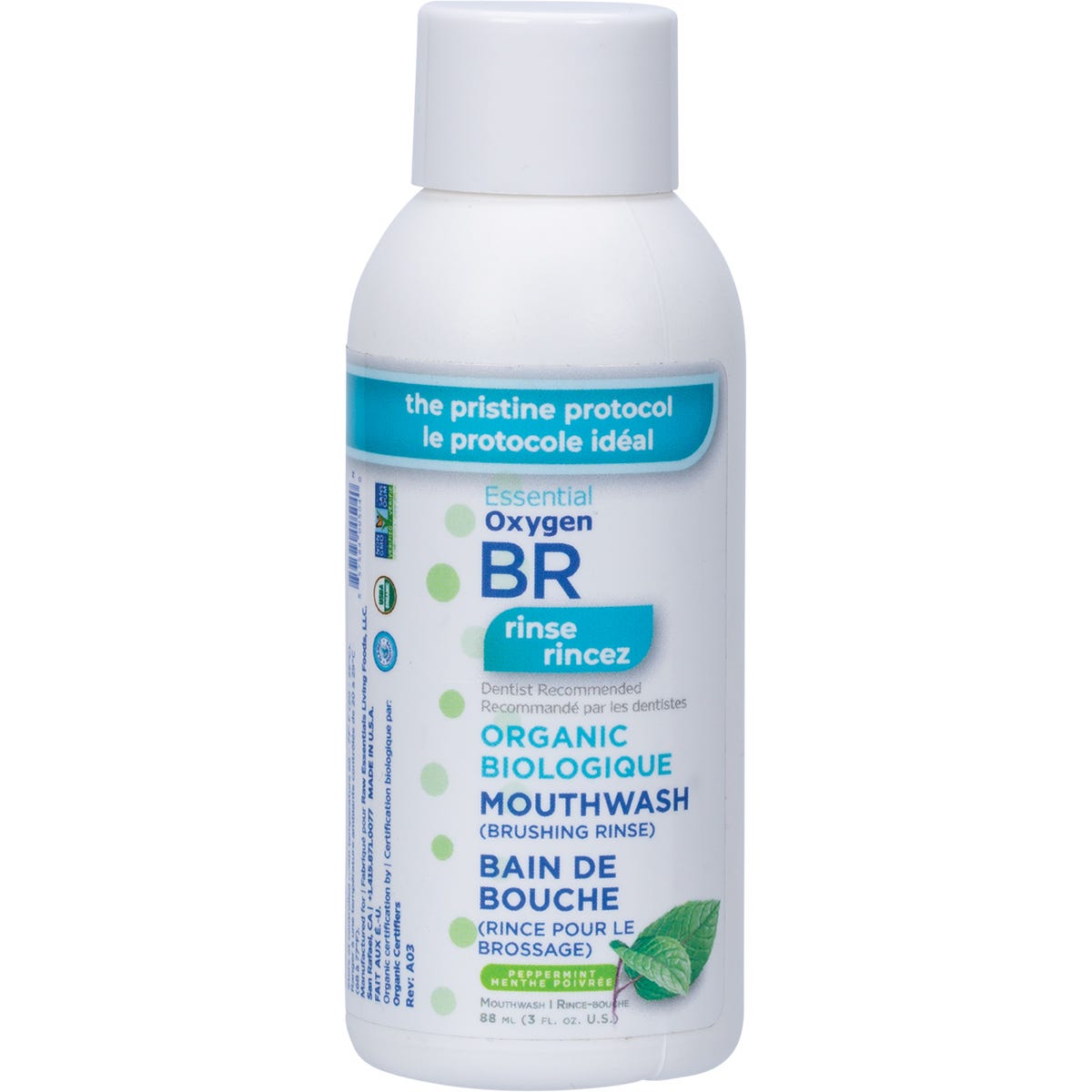 88ml bottle of Essential Oxygen BR Organic Brushing Rinse and Mouthwash in Peppermint flavor.