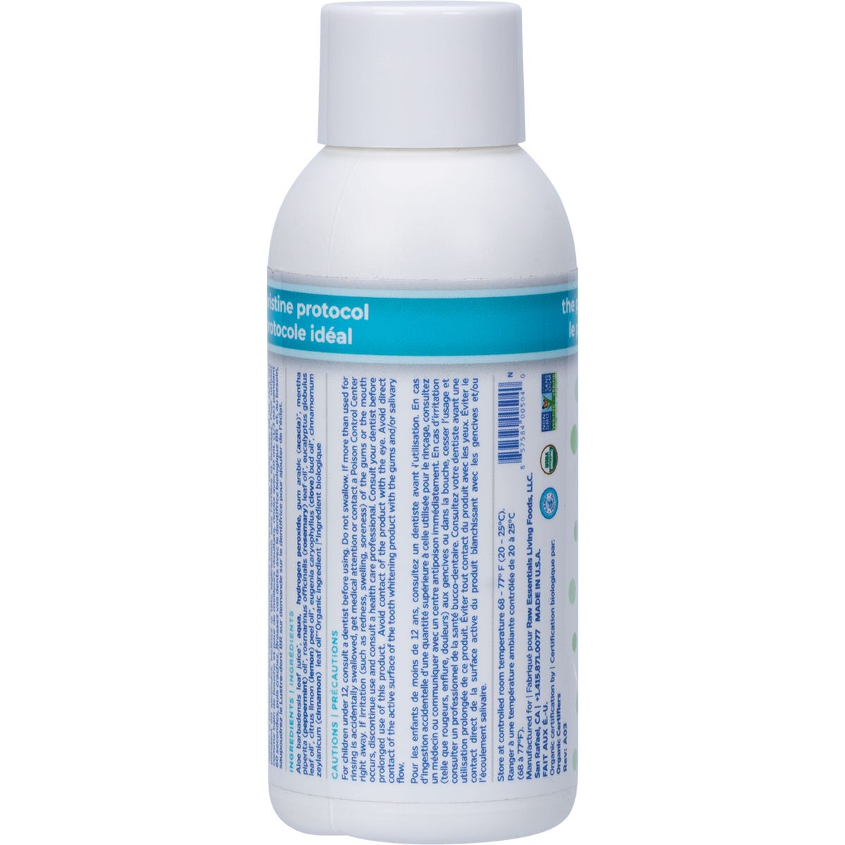 88ml bottle of Essential Oxygen BR Organic Brushing Rinse Peppermint flavor highlighting whiter teeth and fresher breath.