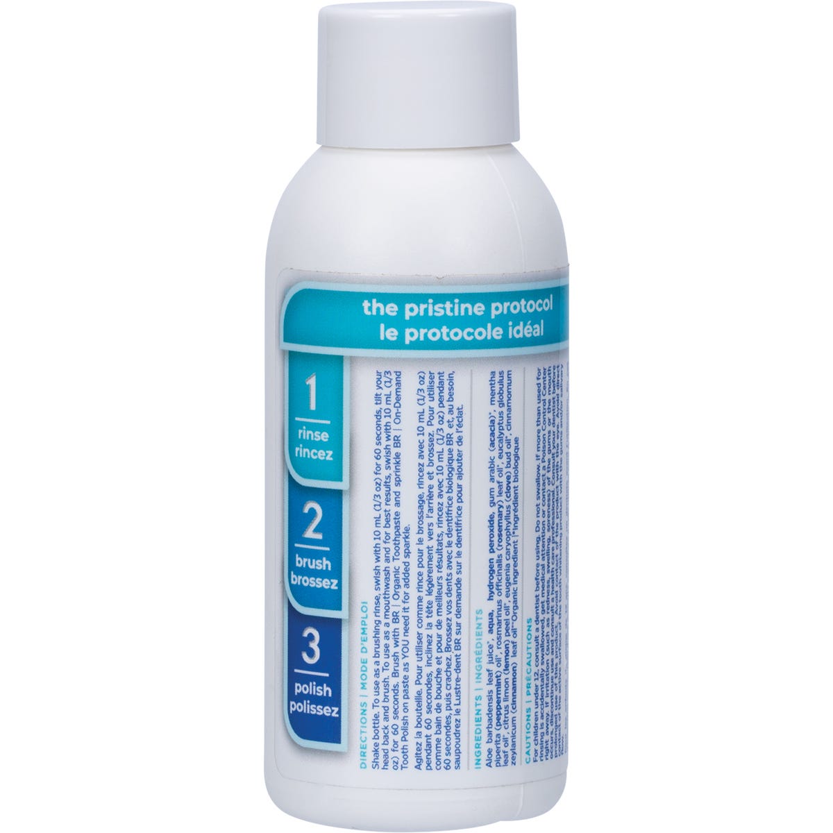 88ml bottle of Essential Oxygen BR Organic Brushing Rinse Peppermint flavor showing the back label and ingredients.