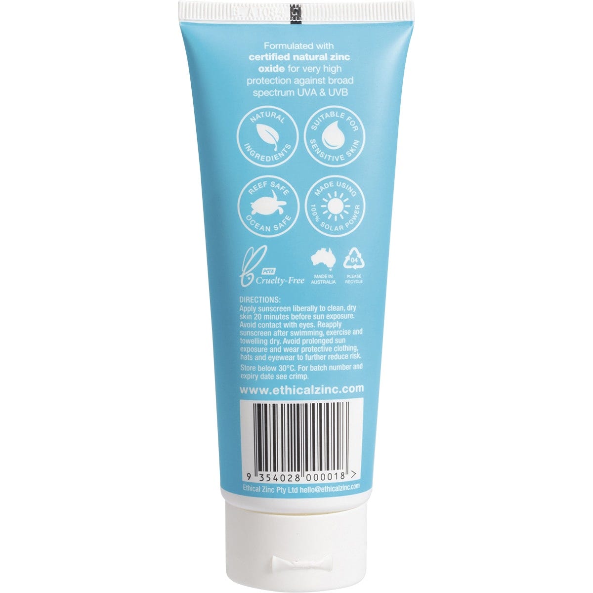 Ethical Zinc 100g SPF 50+ Natural Clear Zinc Sunscreen tube with a yellow and blue label on a white background.