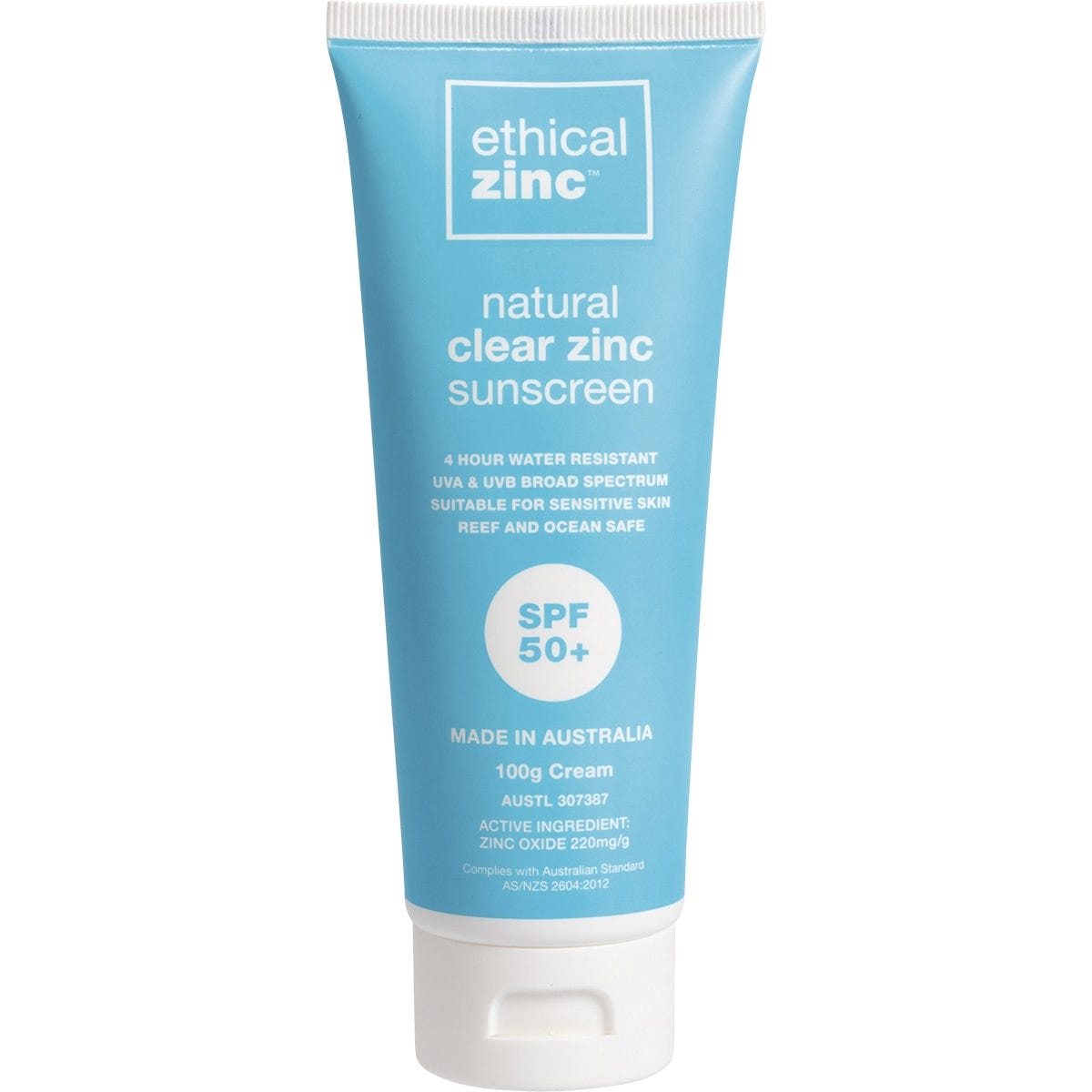 100g tube of Ethical Zinc SPF 50+ Natural Clear Zinc Sunscreen with a white cap and yellow, white, and blue label.