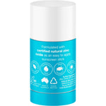 Ethical Zinc SPF 50+ natural clear zinc sunscreen stick 50g tube showing the back with ingredients.