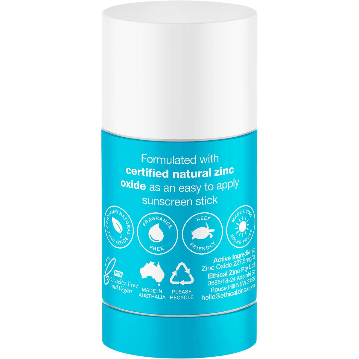 Ethical Zinc SPF 50+ natural clear zinc sunscreen stick 50g tube showing the back with ingredients.
