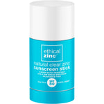 Ethical Zinc SPF 50+ natural clear zinc sunscreen stick 50g in a white and blue tube on a white background.
