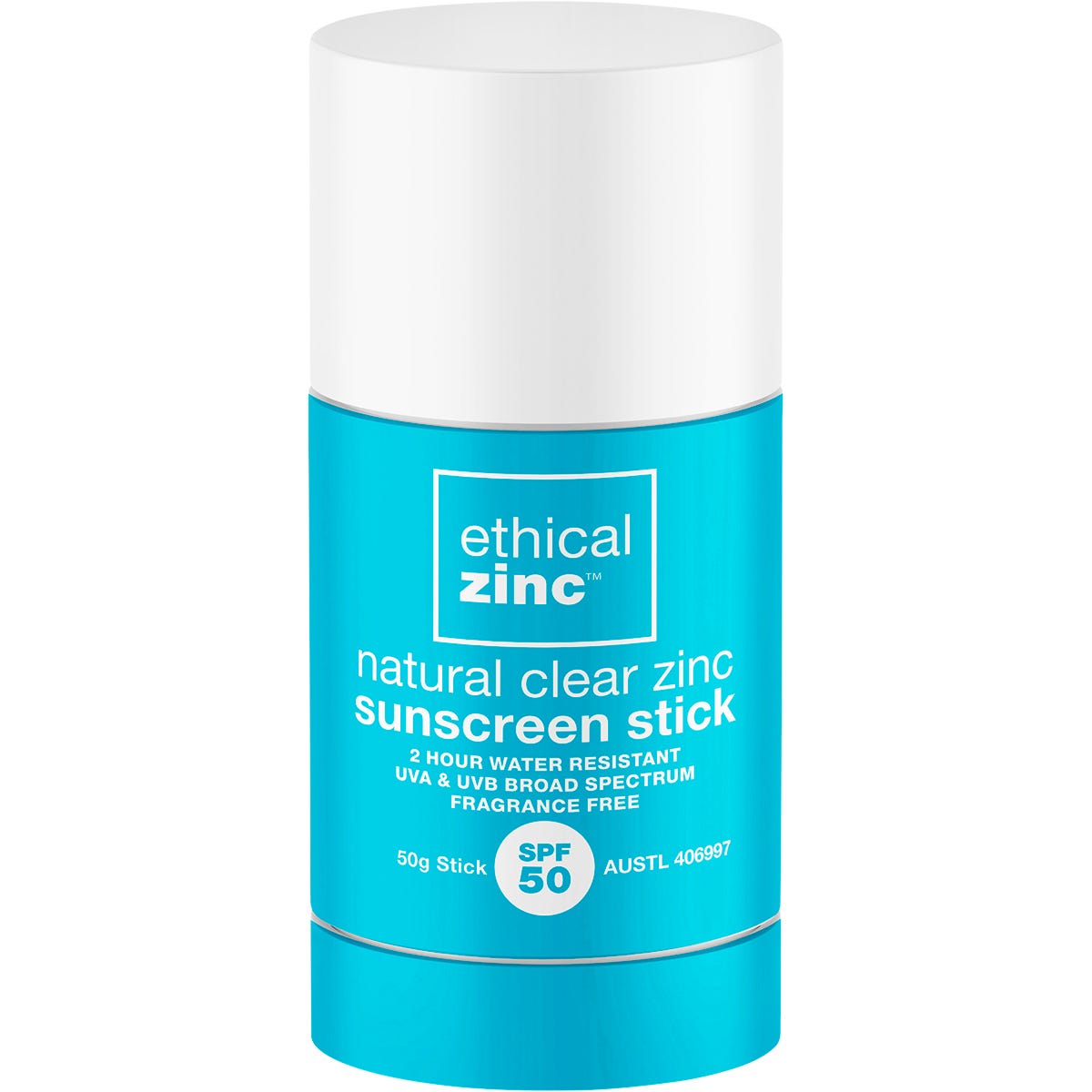 Ethical Zinc SPF 50+ natural clear zinc sunscreen stick 50g in a white and blue tube on a white background.