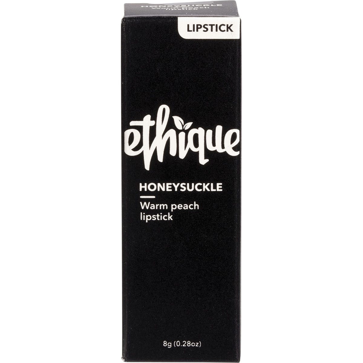 Ethique Honeysuckle warm peach lipstick in a sustainable cardboard tube, shown from a side-angled perspective.