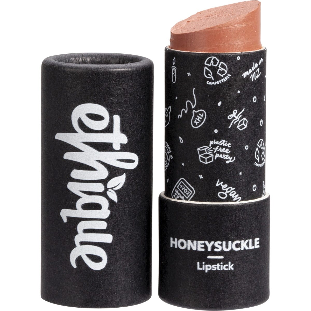 Ethique Honeysuckle warm peach lipstick in a sustainable, push-up cardboard tube on a white background.