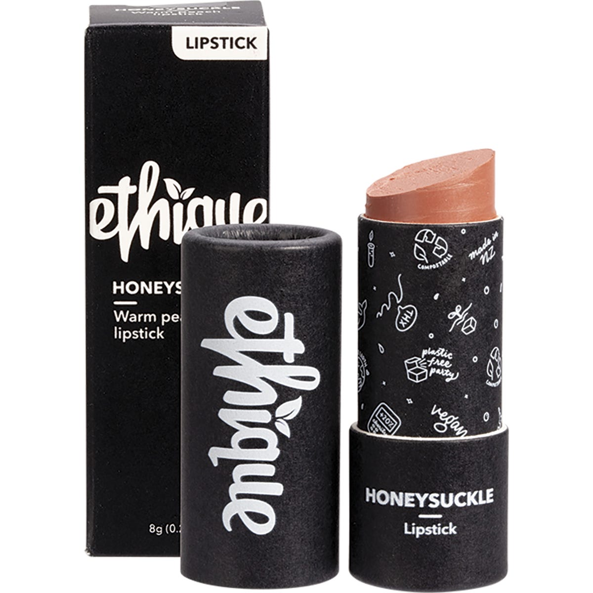 Ethique Honeysuckle lipstick in a peach-toned shade, packaged in a sustainable, push-up cardboard tube.