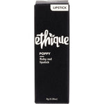 Side view of Ethique Poppy Ruby Red 8g lipstick in a black compostable cardboard tube on a white background.