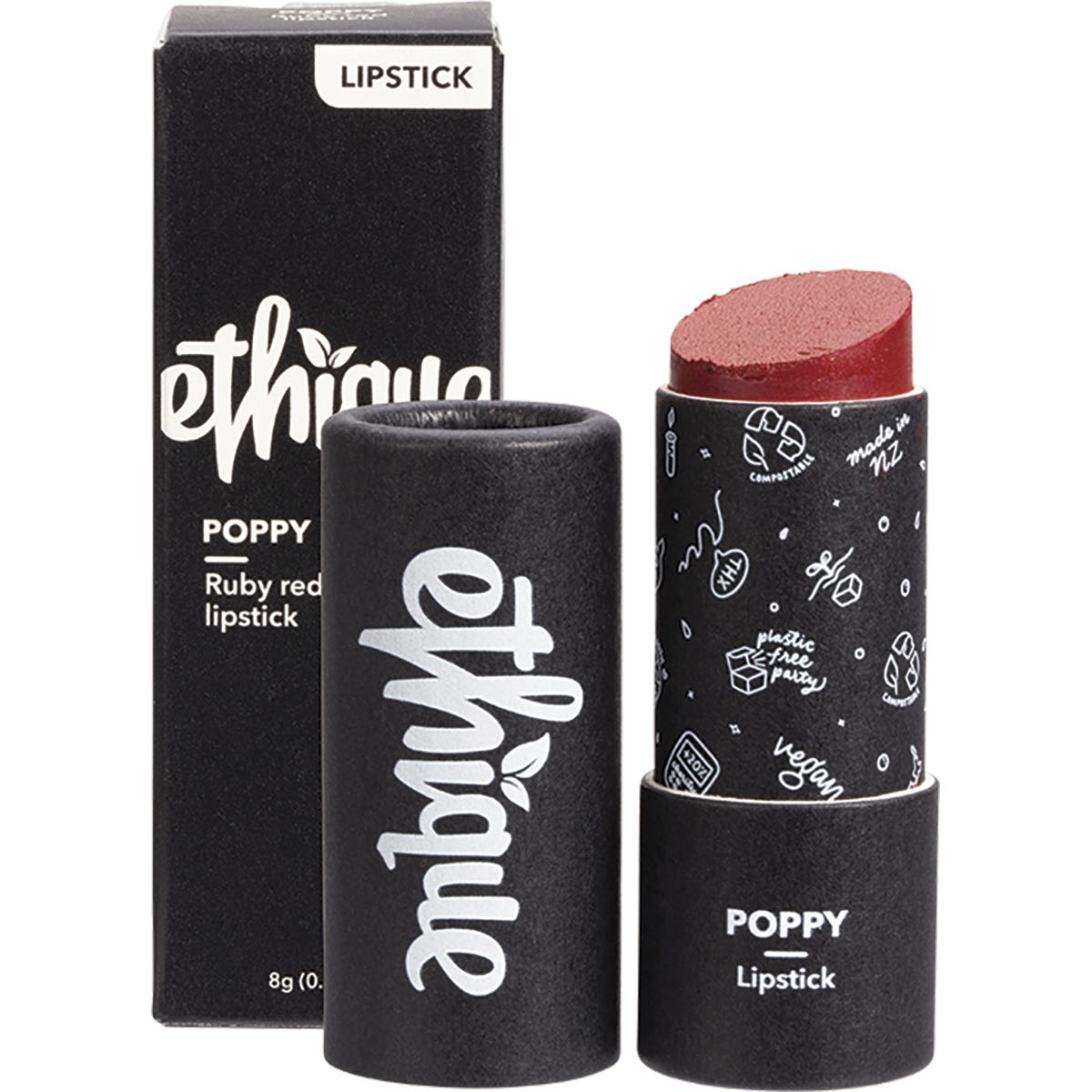 Ethique Poppy Ruby Red 8g lipstick in a compostable cardboard tube on a white background.