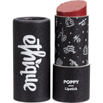 Ethique Poppy Ruby Red lipstick in a black compostable cardboard tube, showing the vibrant red bullet.