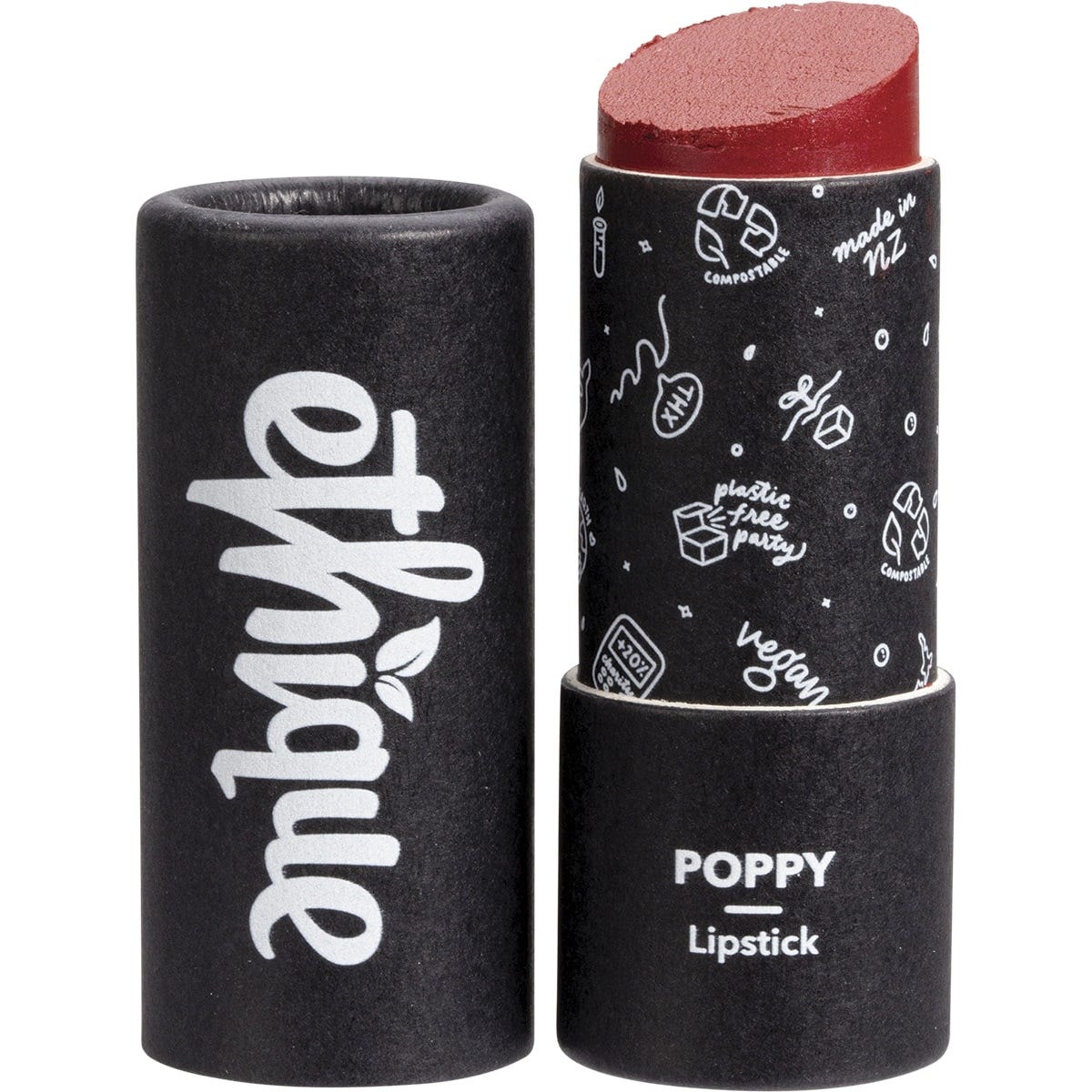 Ethique Poppy Ruby Red lipstick in a black compostable cardboard tube, showing the vibrant red bullet.