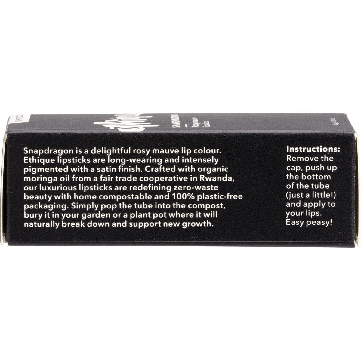 Back of Ethique Snapdragon lipstick tube showing ingredients, directions for use, and ethical certifications.