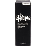 Swatch of Ethique Snapdragon rosy mauve lipstick with a creamy texture on a white background.
