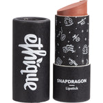 Ethique Snapdragon rosy mauve lipstick in a pink compostable tube with botanical illustrations on a white background.