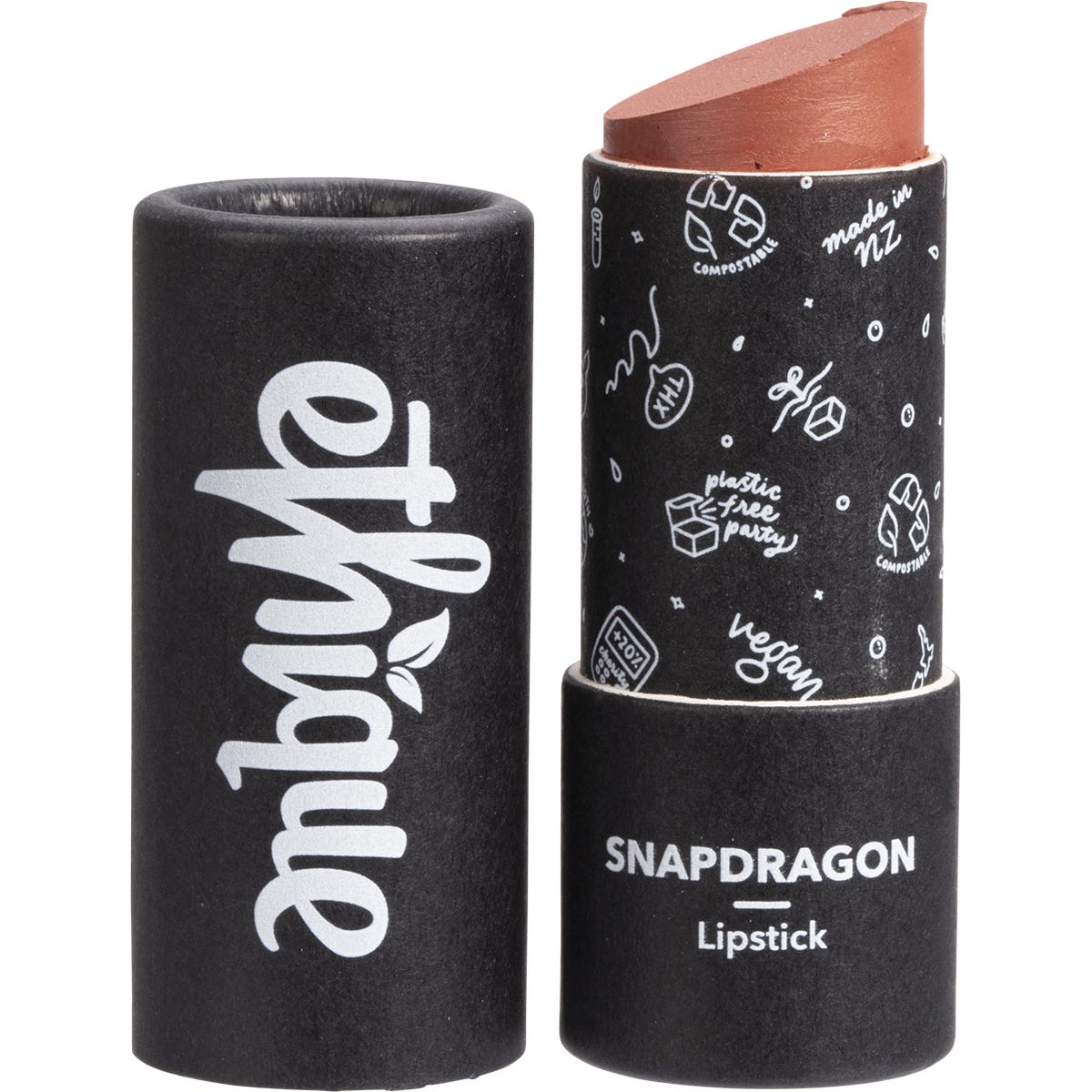 Ethique Snapdragon rosy mauve lipstick in a pink compostable tube with botanical illustrations on a white background.