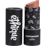 Ethique Snapdragon rosy mauve lipstick in a pink compostable tube with botanical designs on a white background.