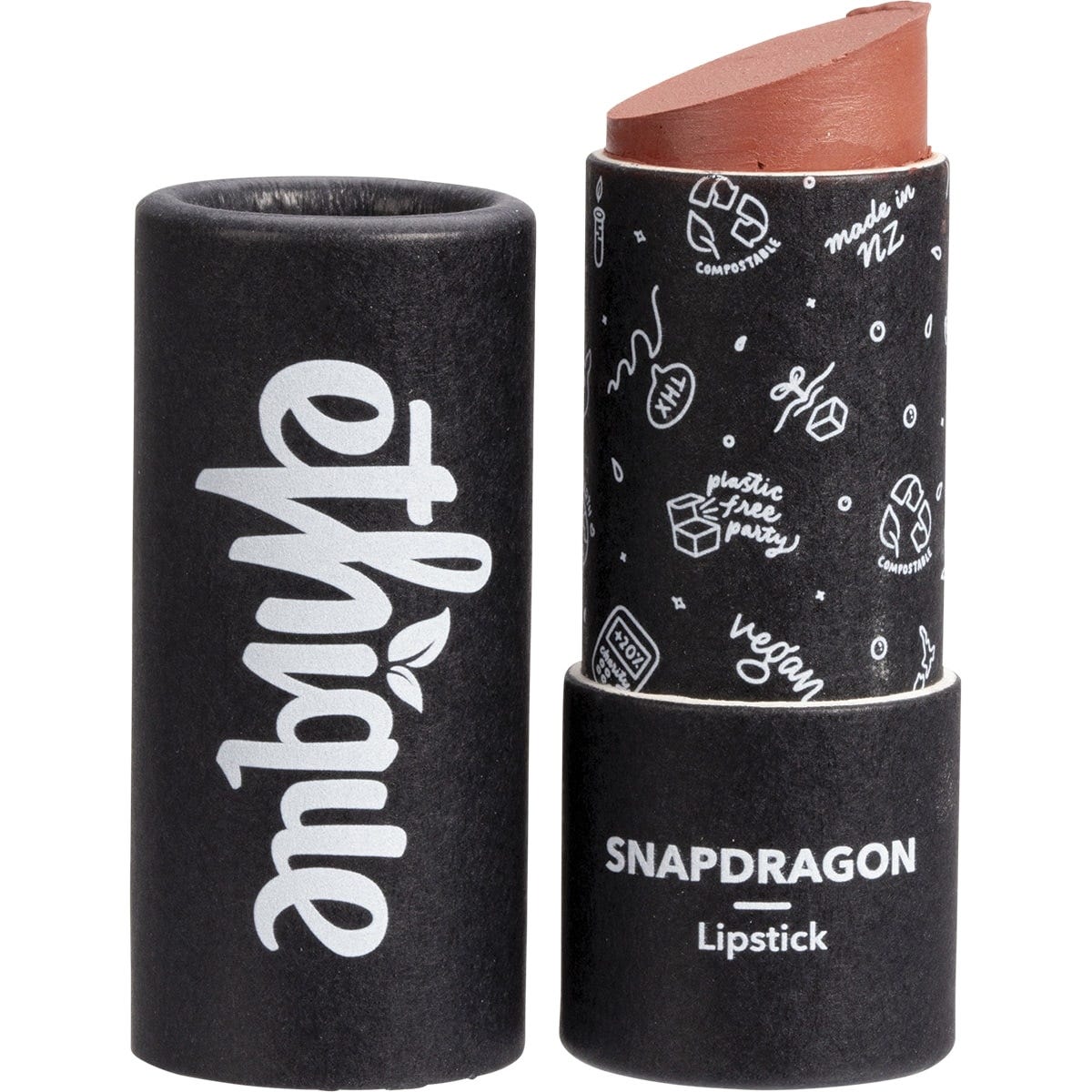 Ethique Snapdragon rosy mauve lipstick in a pink compostable tube with botanical designs on a white background.
