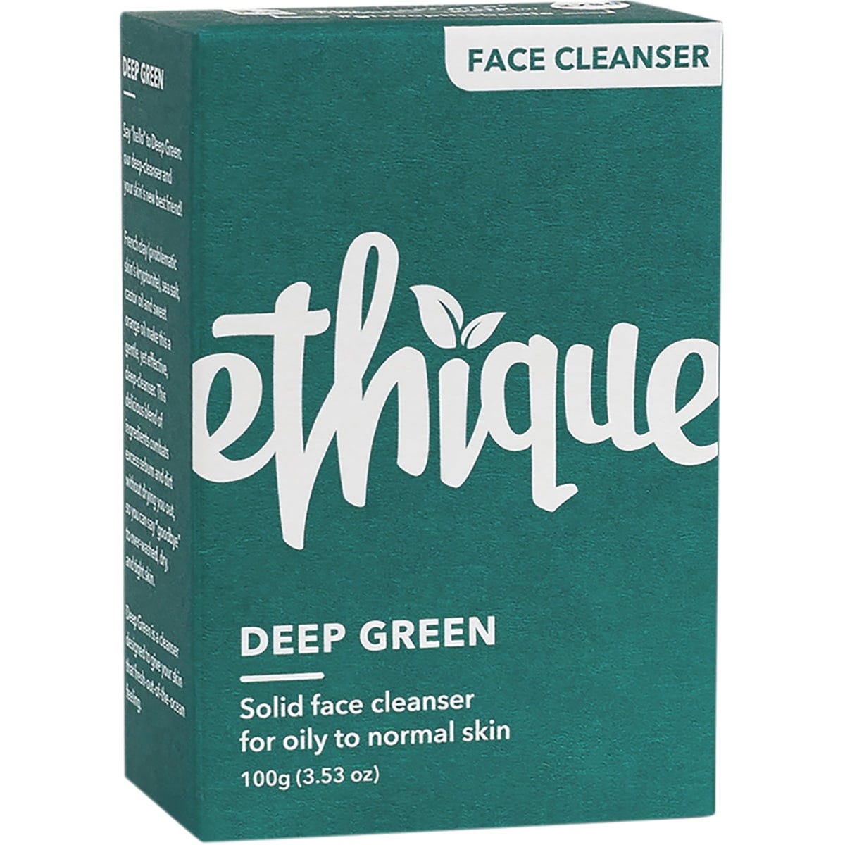 Ethique Deep Green solid face cleanser bar, 100g, for oily to balanced skin, featuring a green bar and recyclable box.