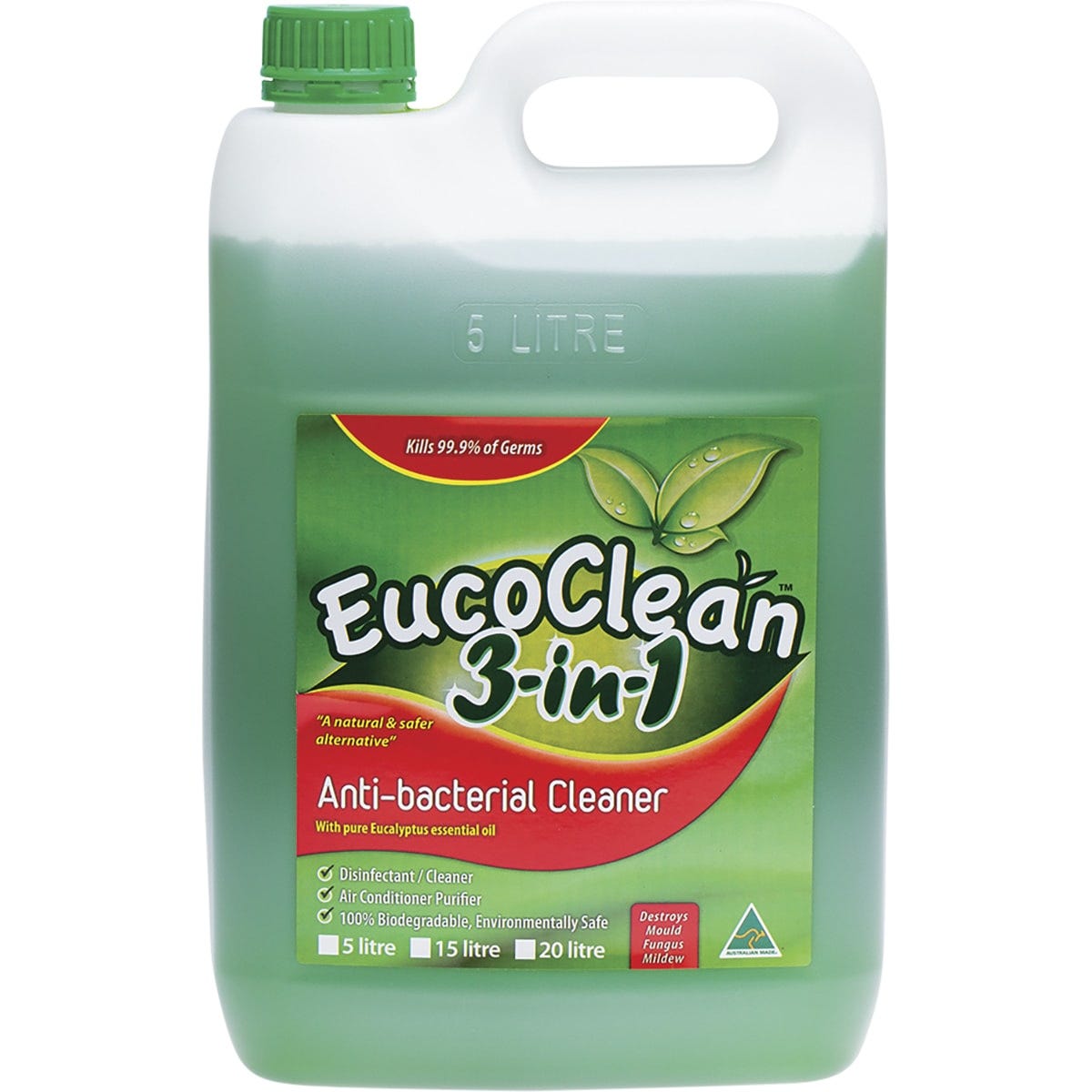 5L white jug of Eucoclean 3-in-1 Antibacterial Cleaner with eucalyptus oil for disinfecting and bed bug control.