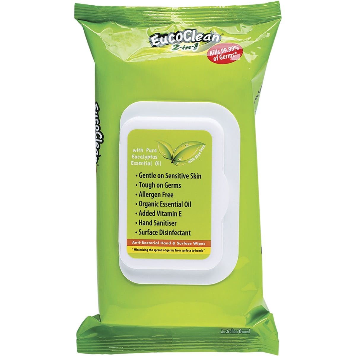 60-pack of Eucoclean 2-in-1 anti-bacterial wipes in a white and green plastic soft pack with eucalyptus illustrations.
