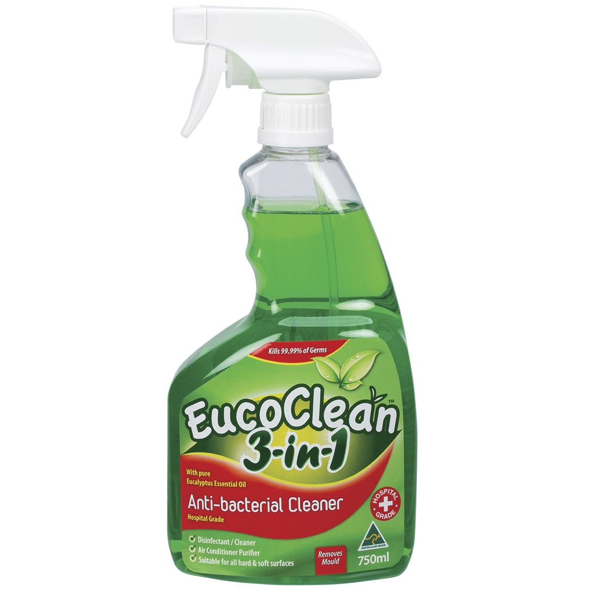 750ml spray bottle of Eucoclean 3-in-1 Antibacterial Eucalyptus Spray for cleaning and disinfecting surfaces.