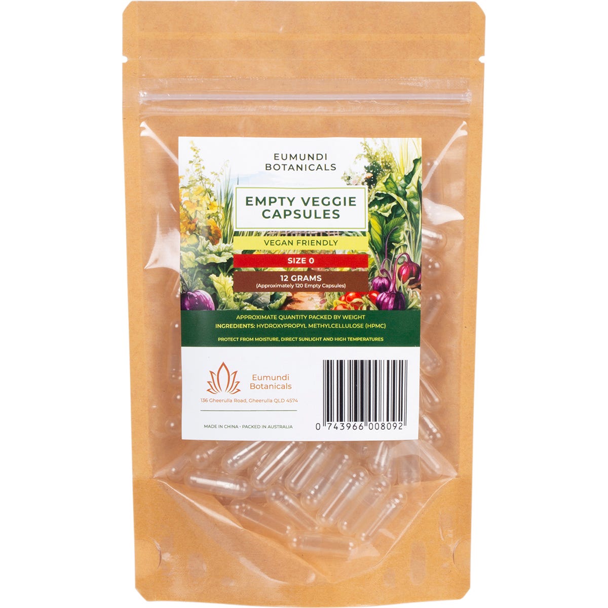 120 count pack of Eumundi Botanicals Size 0 empty veggie capsules on a white background.