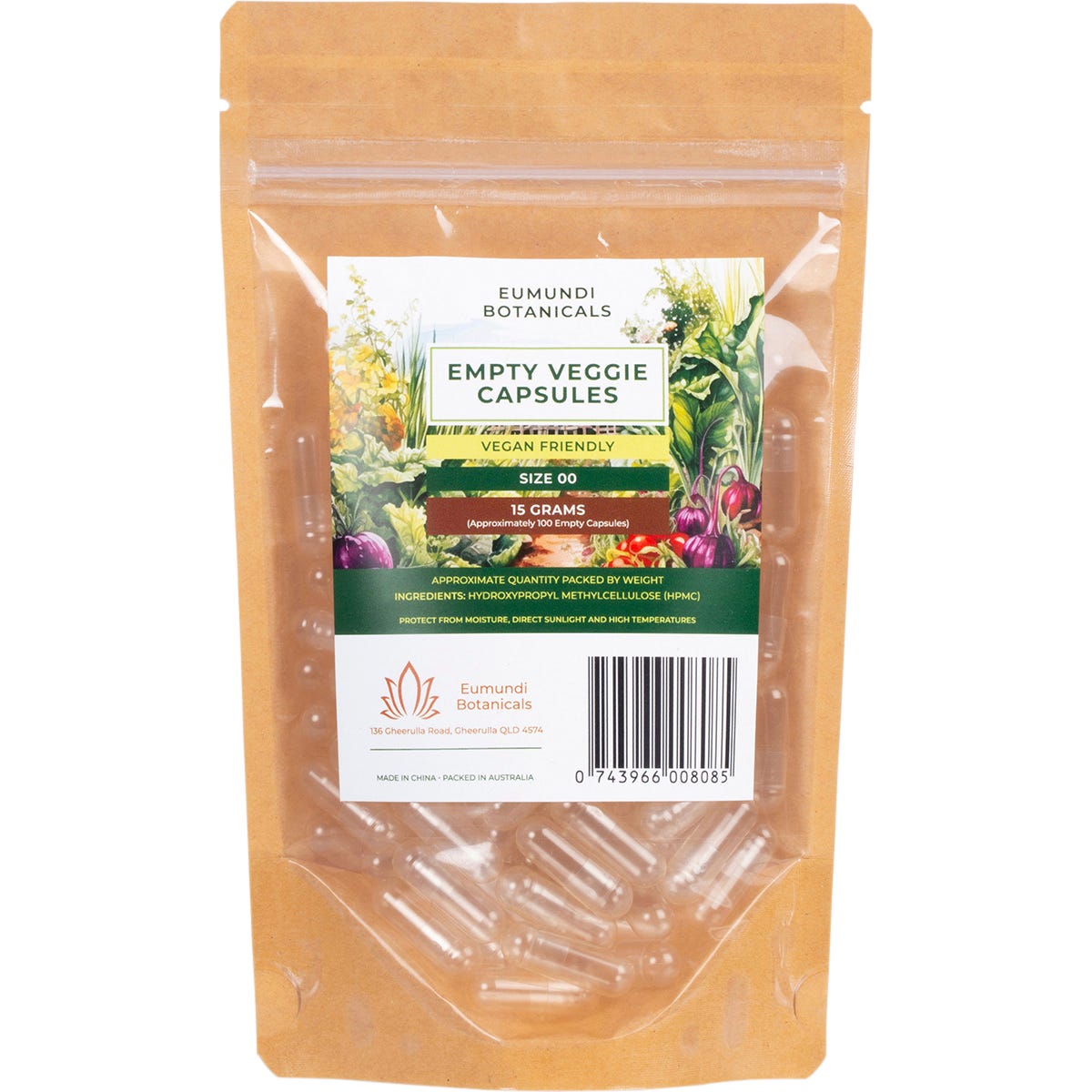 100 count bottle of Eumundi Botanicals Size 00 empty veggie capsules made from plant-based vegetable cellulose.