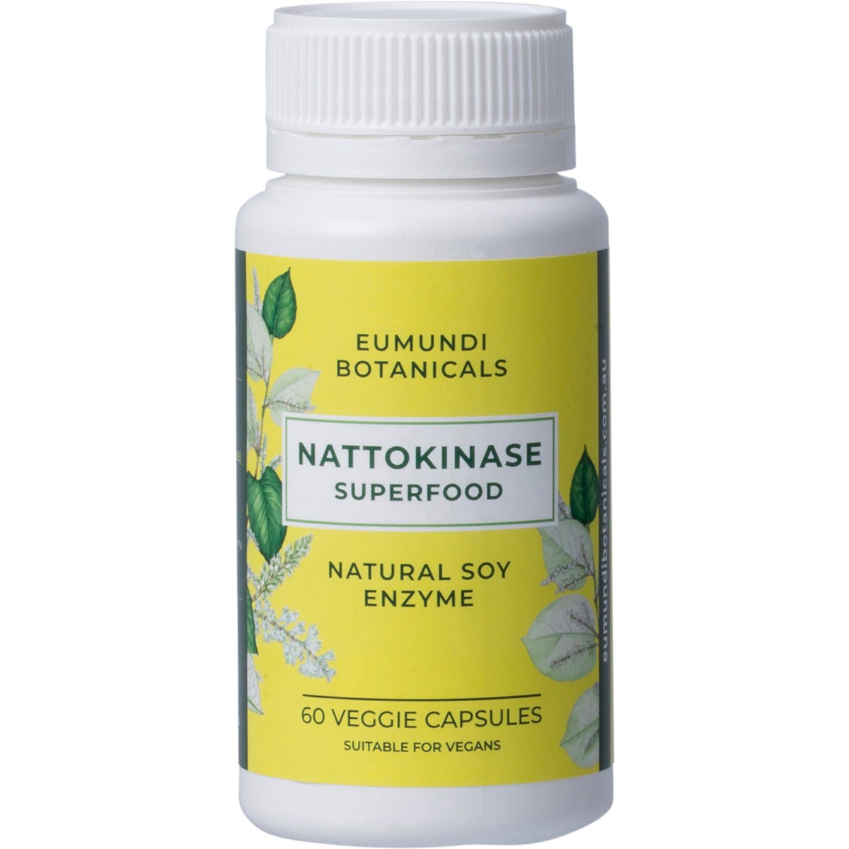 Eumundi Botanicals Nattokinase Natural Soy Enzyme 60 caps bottle with a clean green and white label.