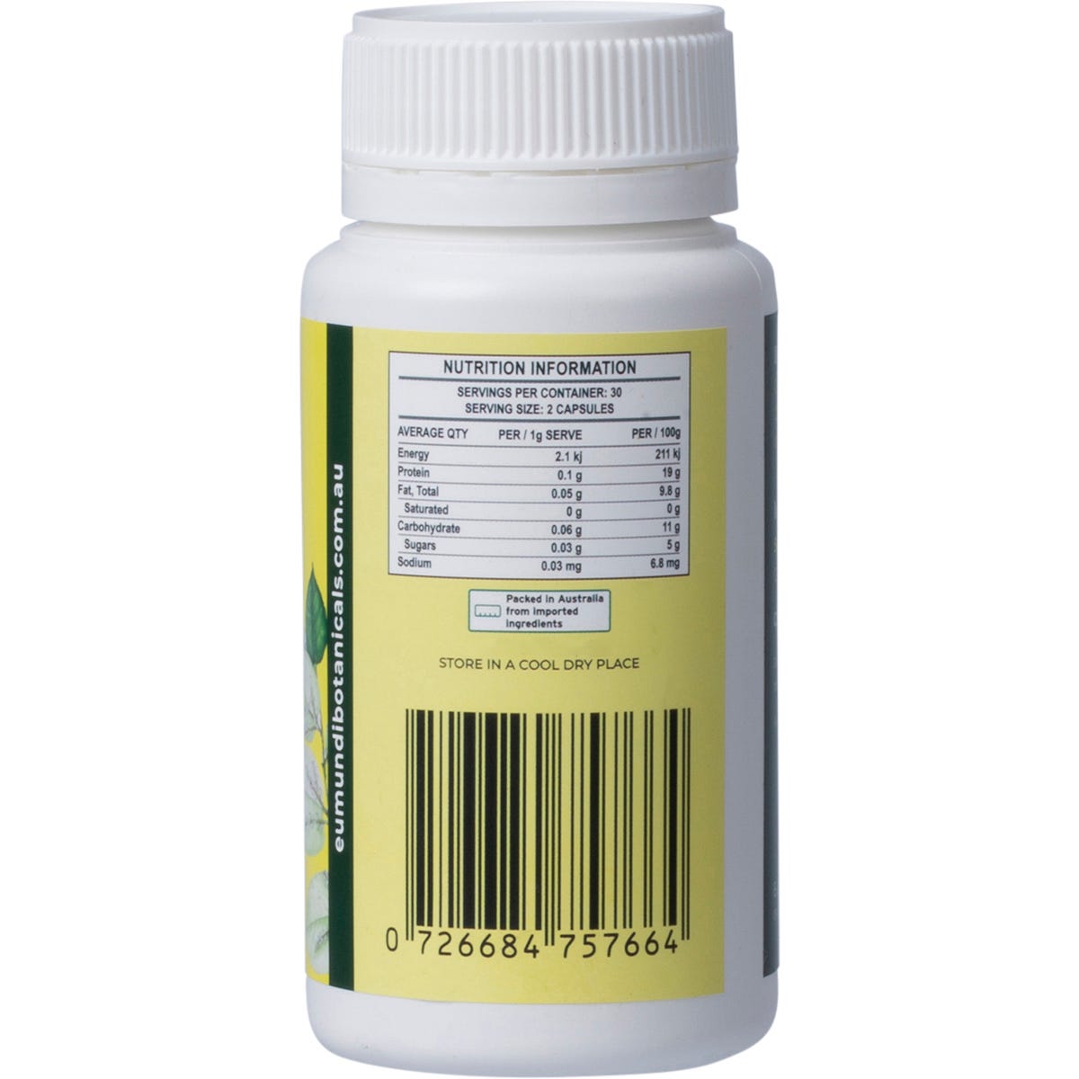 Eumundi Botanicals Nattokinase 60 capsules bottle with a green and white label on a white background.