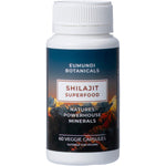 Eumundi Botanicals Shilajit 60 Caps bottle with a black label featuring gold and white text on a white background.