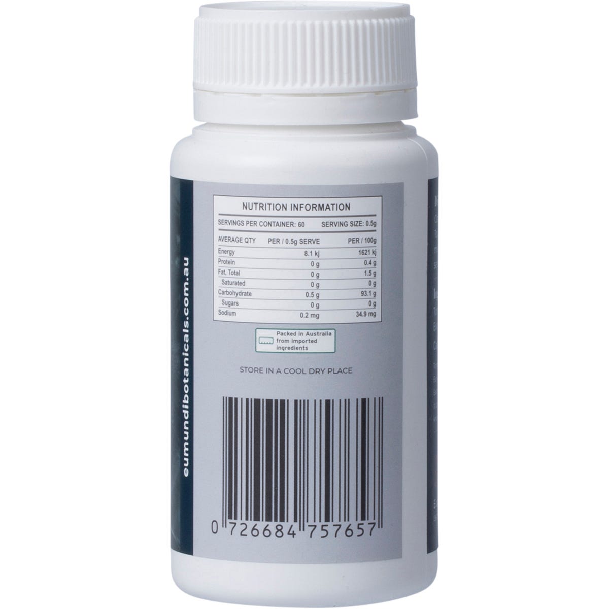 Eumundi Botanicals Tongkat Ali 60 capsules in a brown glass bottle with a white and gold label.