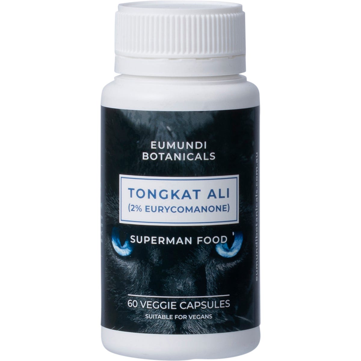 60 capsules of Eumundi Botanicals Tongkat Ali 2% Eurycomanone in a brown glass bottle with a white label.