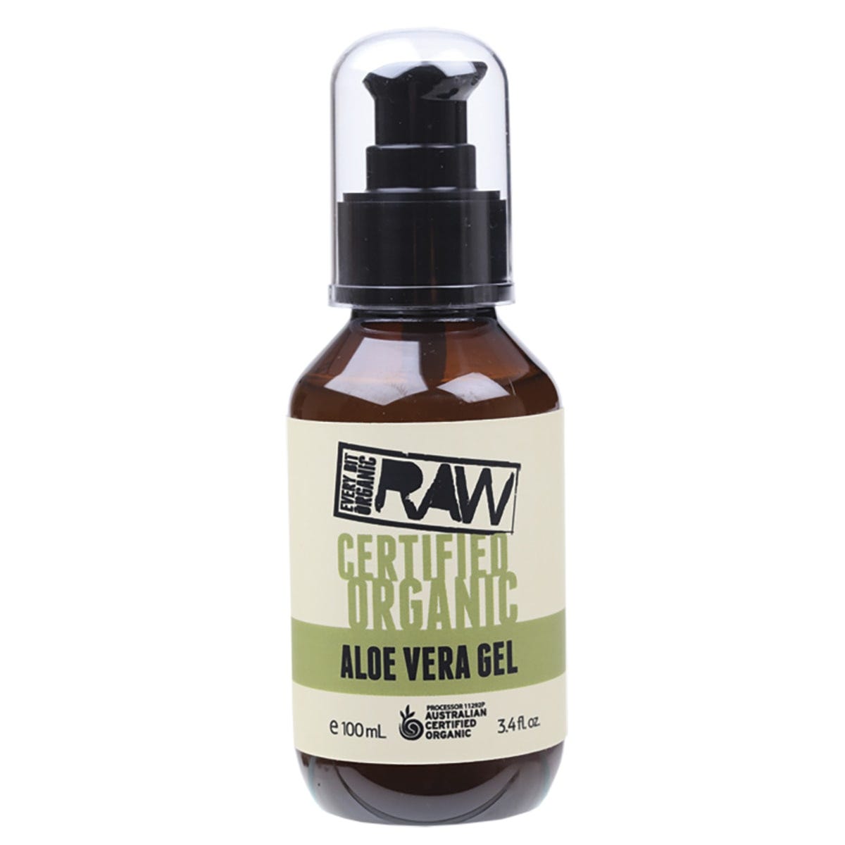 100ml bottle of Every Bit Organic Raw Aloe Vera Gel with a pump dispenser and certified organic labeling.