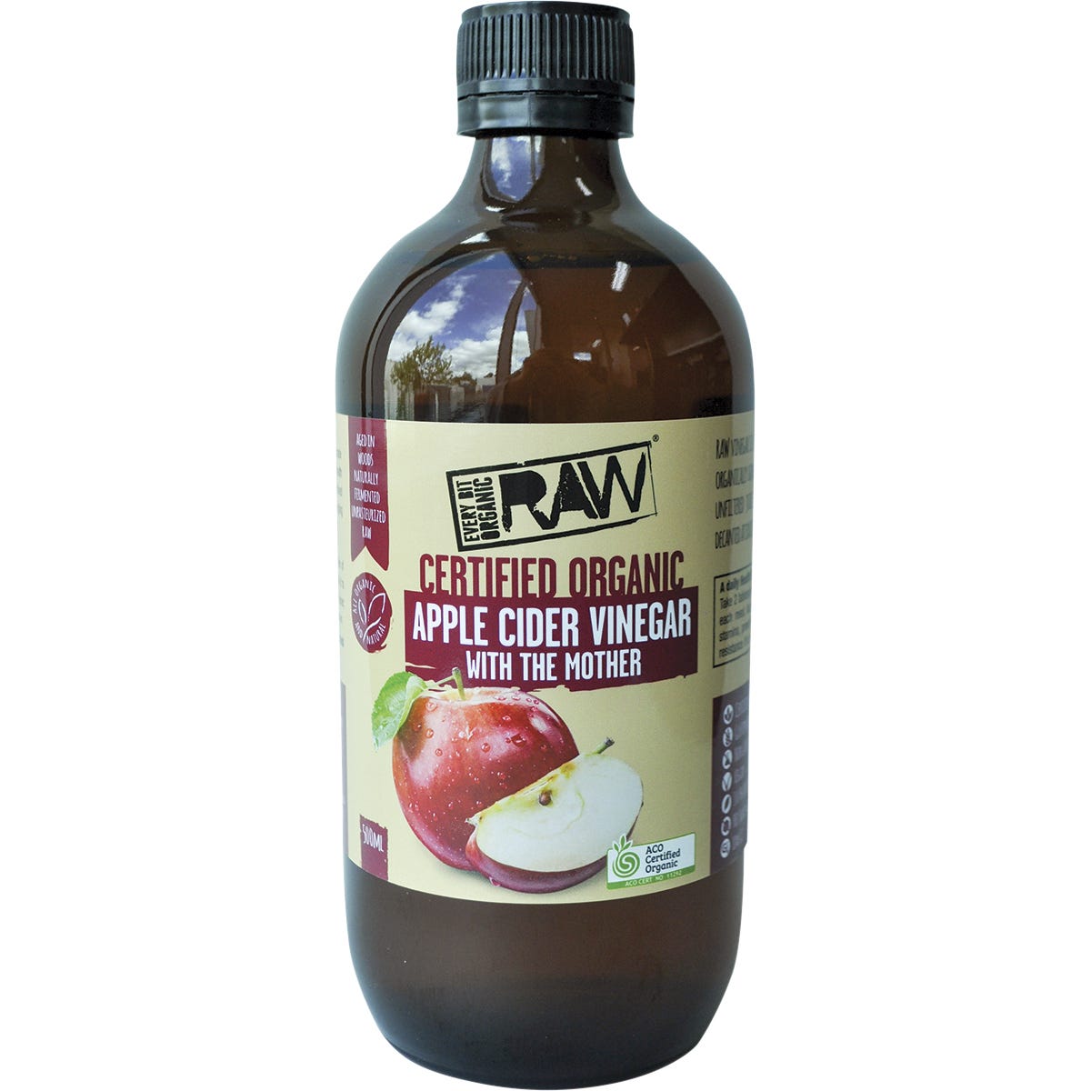 Six 500ml glass bottles of Every Bit Organic Apple Cider Vinegar with the Mother featuring green and white labels.