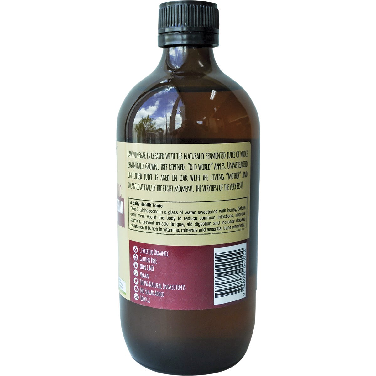 Back of Every Bit Organic Apple Cider Vinegar 500ml bottle with nutrition facts, ingredients, and usage instructions.