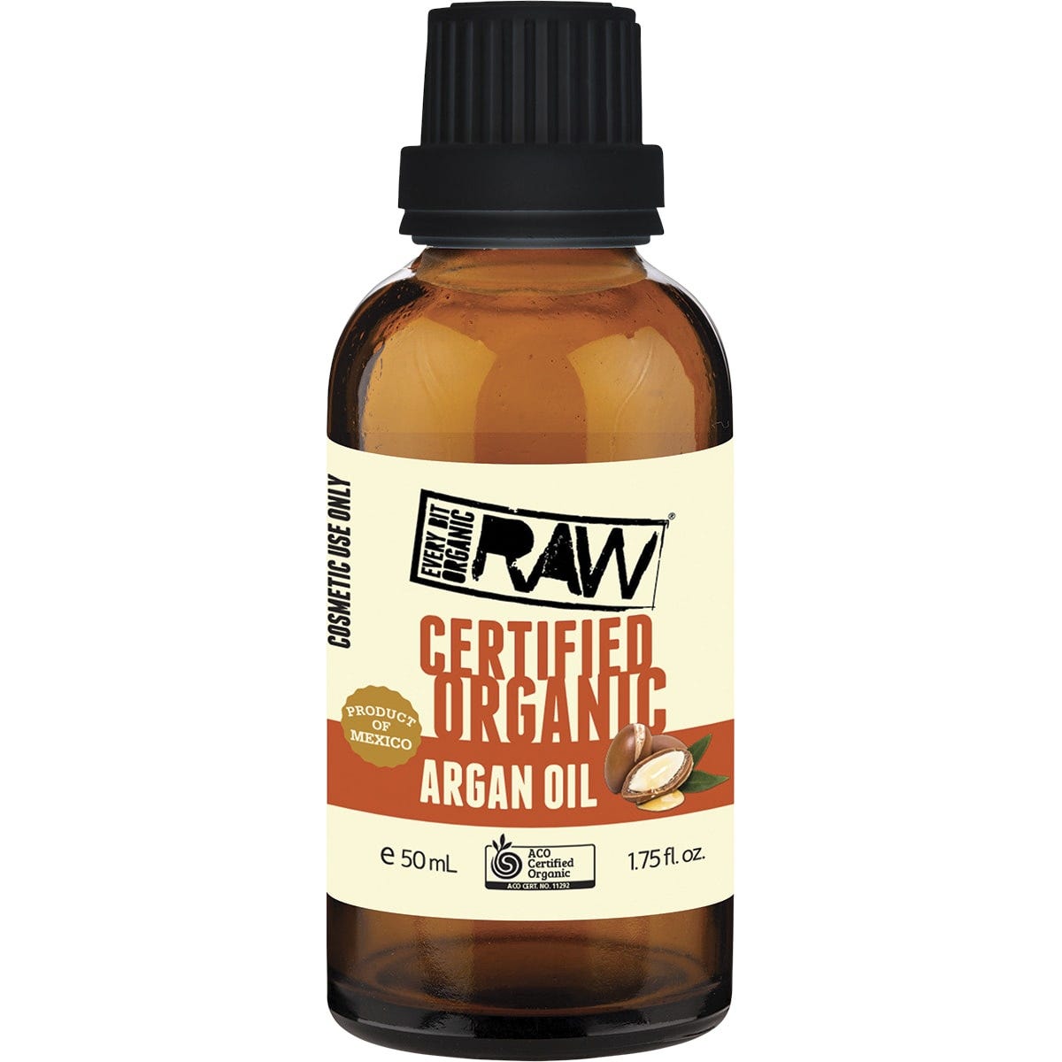 50ml bottle of Every Bit Organic Raw Argan Oil, a certified organic, cold-pressed liquid gold for hair and skin.