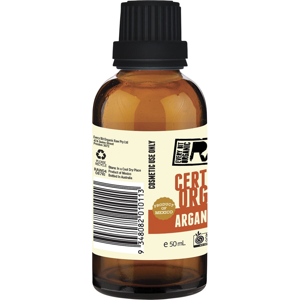 Every Bit Organic 50ml Argan Oil bottle showing product features and 100% certified organic label.