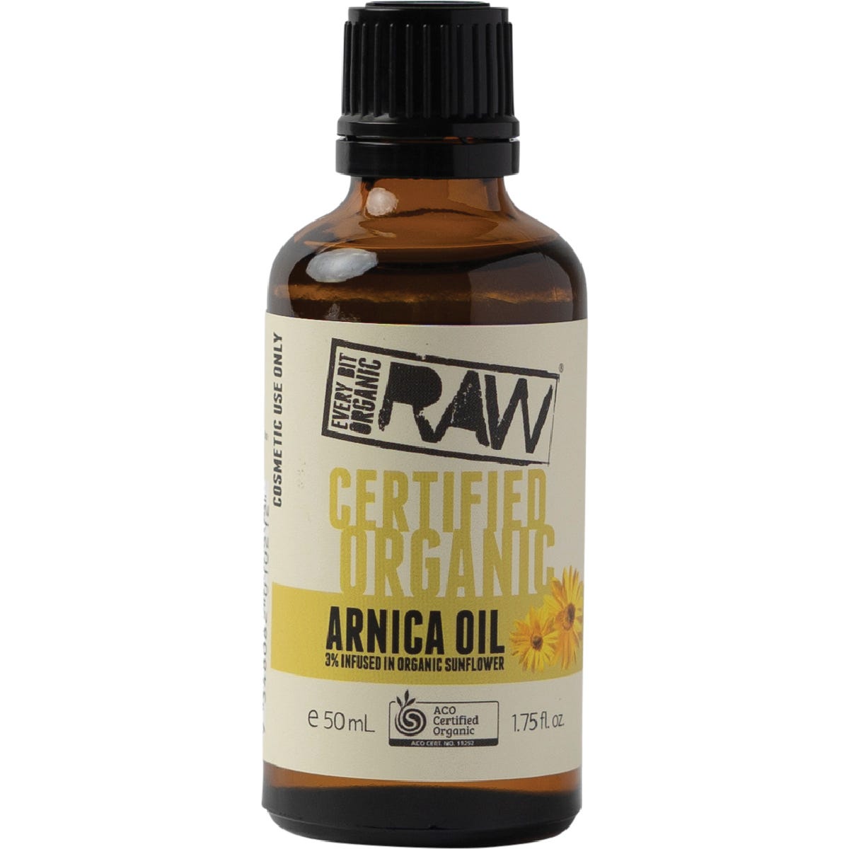 50ml bottle of Every Bit Organic Raw Arnica Oil with a dropper lid and yellow label on a white background.