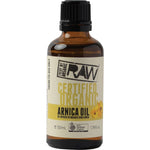 50ml bottle of Every Bit Organic Raw Arnica Oil with a dropper lid and yellow label on a white background.