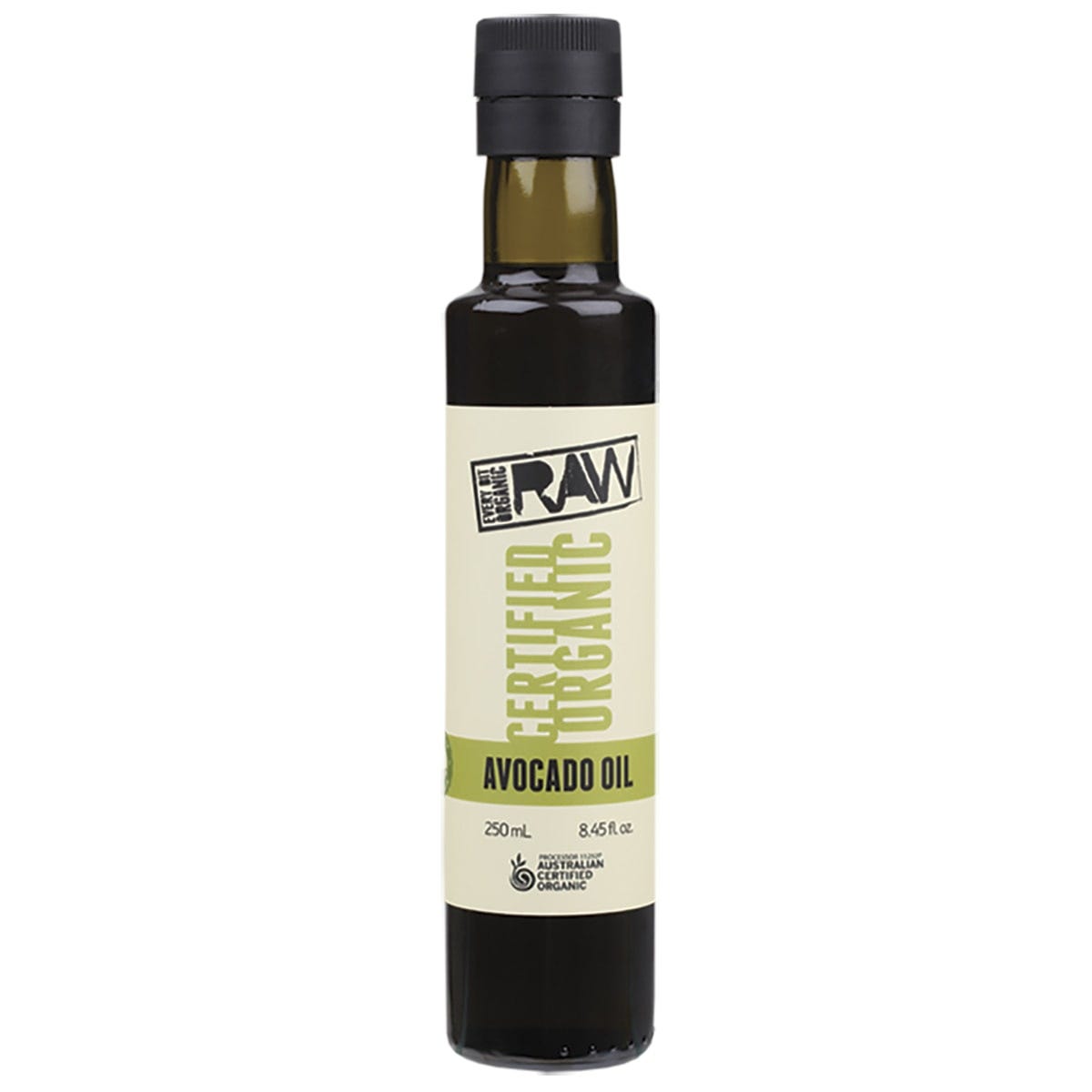 250ml dark glass bottle of Every Bit Organic extra virgin cold pressed avocado oil with a light green label.