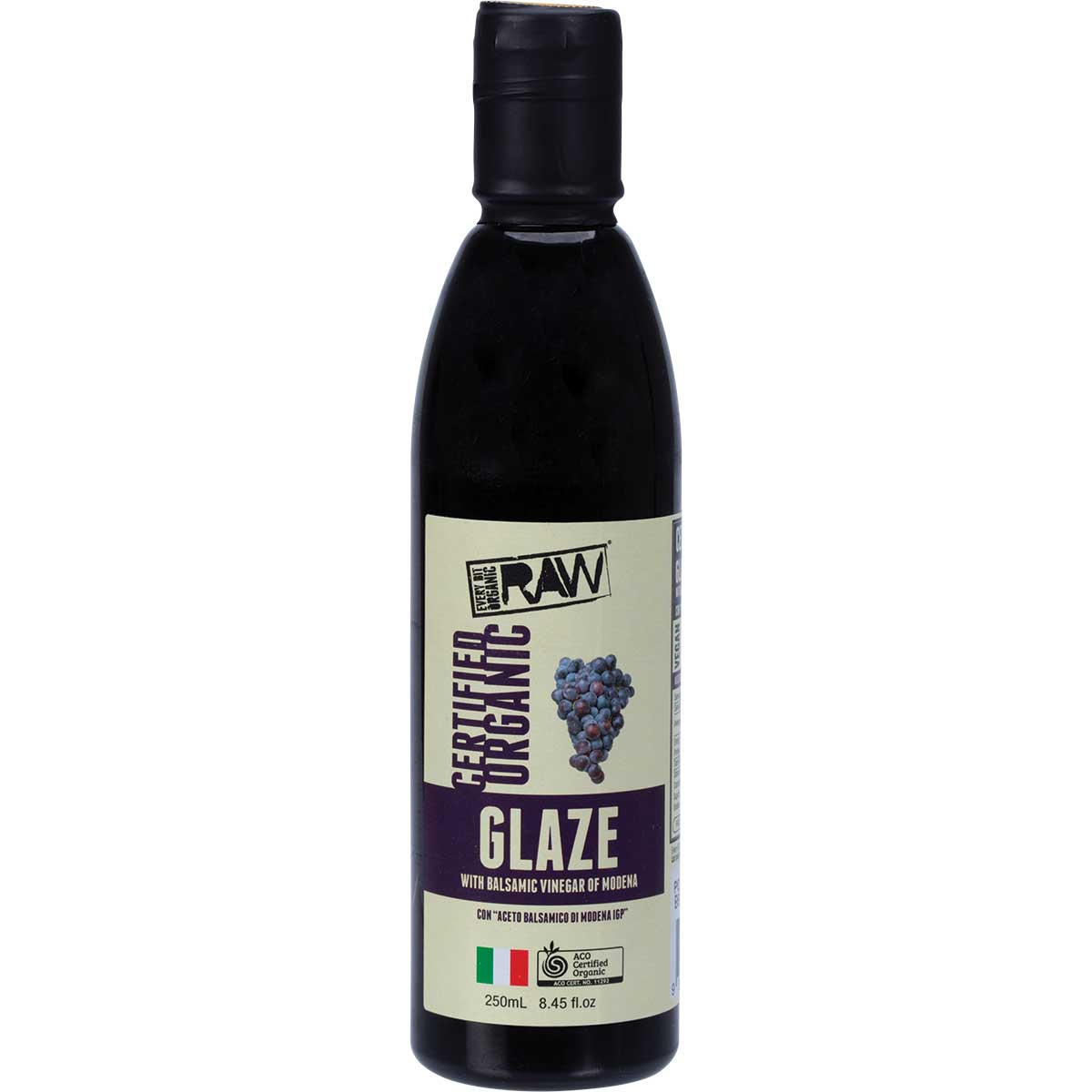 Pack of six 250ml bottles of Every Bit Organic Balsamic Vinegar Glaze with a black and white label.