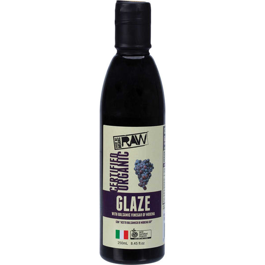 Pack of six 250ml bottles of Every Bit Organic Balsamic Vinegar Glaze with a black and white label.
