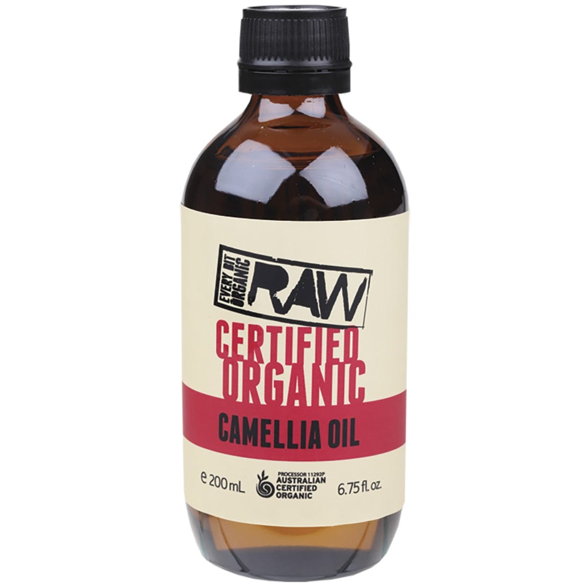 200ml bottle of Every Bit Organic Raw Camellia Oil for skin and hair with a minimalist white and green label.