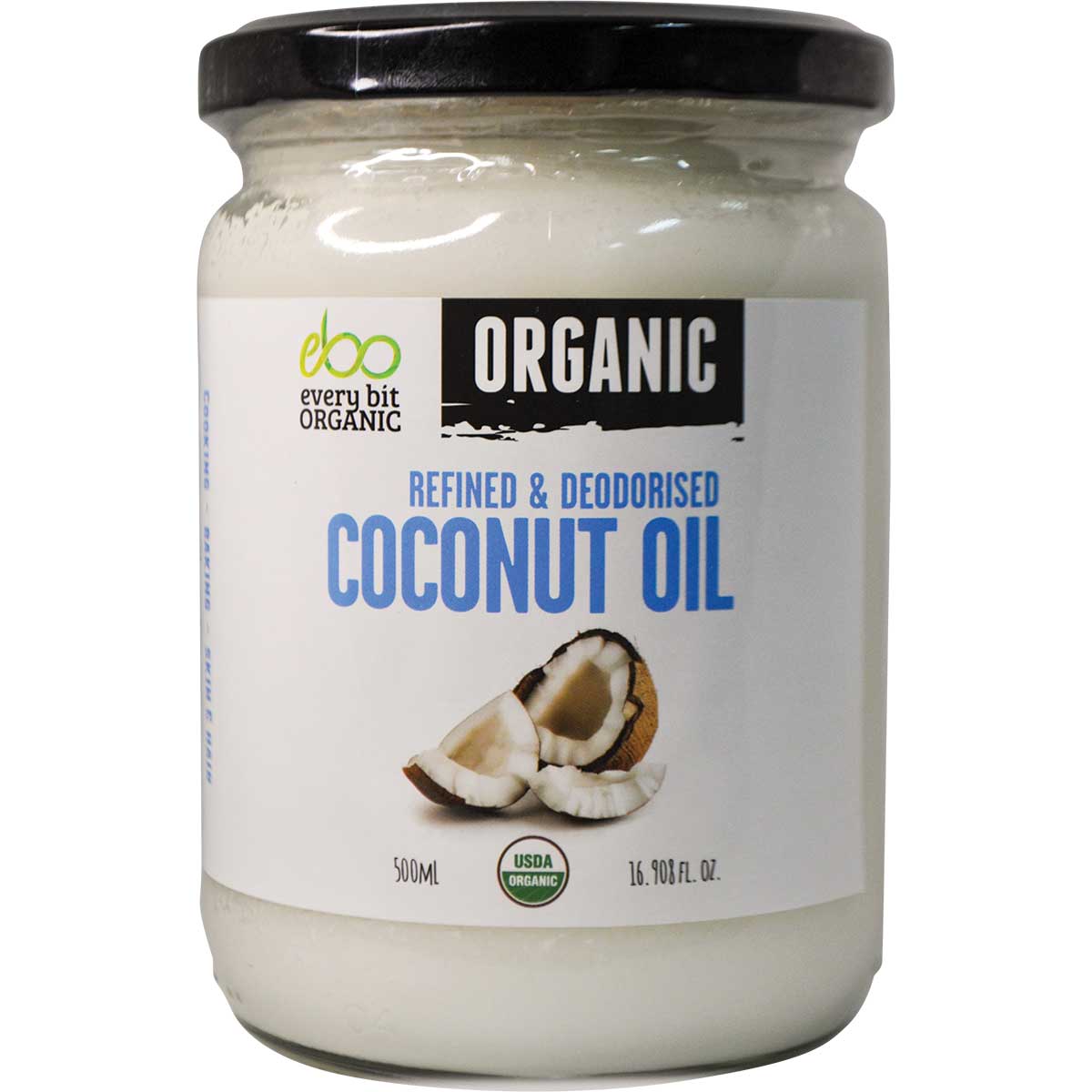 500ml glass jar of Every Bit Organic refined and deodorised coconut oil with a white and blue label.